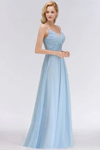 Spaghetti Straps Ruggle Chiffon Bridesmaid Dress Sky Blue A-line Wedding Party Dress