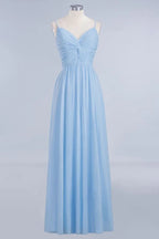 Spaghetti Straps Ruggle Chiffon Bridesmaid Dress Sky Blue A-line Wedding Party Dress