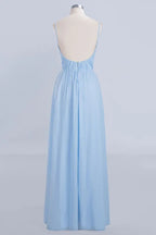 Spaghetti Straps Ruggle Chiffon Bridesmaid Dress Sky Blue A-line Wedding Party Dress