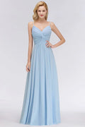 Spaghetti Straps Ruggle Chiffon Bridesmaid Dress Sky Blue A-line Wedding Party Dress