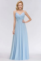 Spaghetti Straps Ruggle Chiffon Bridesmaid Dress Sky Blue A-line Wedding Party Dress