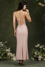 Spaghetti Straps Sleeveless Mermaid Front-Split Satin Prom Dresses