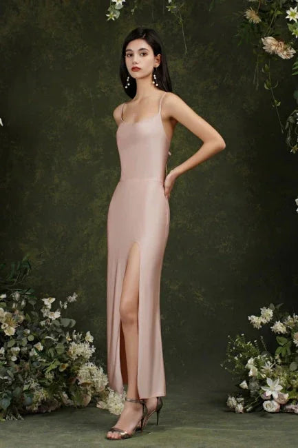 Spaghetti Straps Sleeveless Mermaid Front-Split Satin Prom Dresses