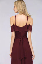 Spaghetti-Straps Sleeveless Ruffles Floor-Length Bridesmaid Dress with Bow Sash