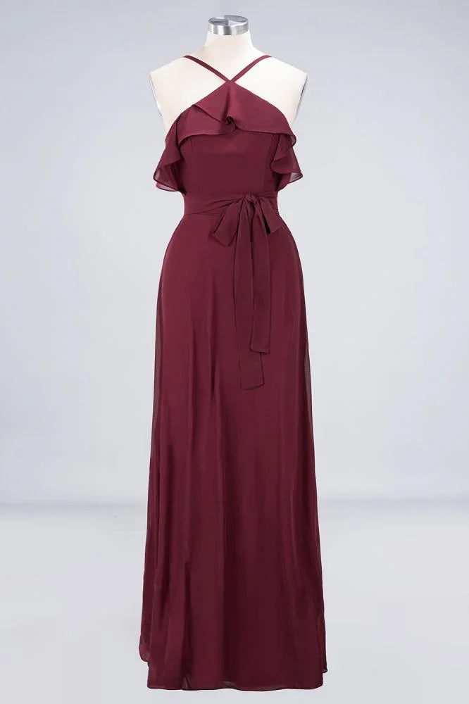 Spaghetti-Straps Sleeveless Ruffles Floor-Length Bridesmaid Dress with Bow Sash