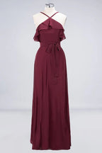 Spaghetti-Straps Sleeveless Ruffles Floor-Length Bridesmaid Dress with Bow Sash