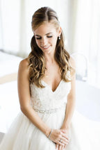 Spaghetti Straps V-neck A-line Wedding Dress with Crystals Belt