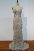 Spaghetti Sweetheart Mermaid Long Sequined Beading Prom Dresses with Pearls and Crystals