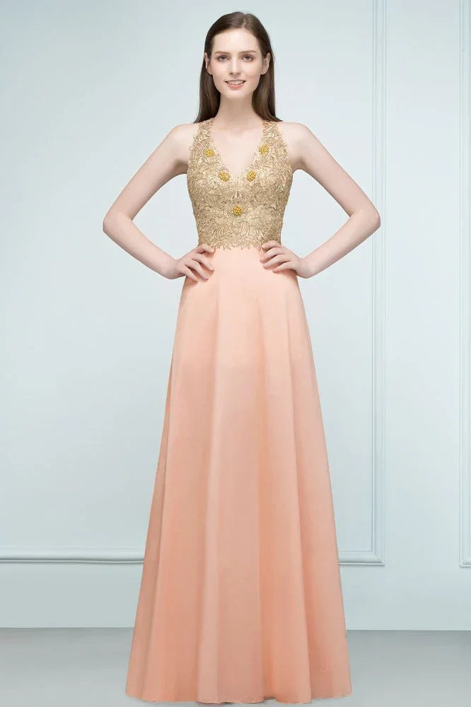 Spaghetti V-neck A-line Floor Length Appliqued Chiffon Bridesmaid Dresses