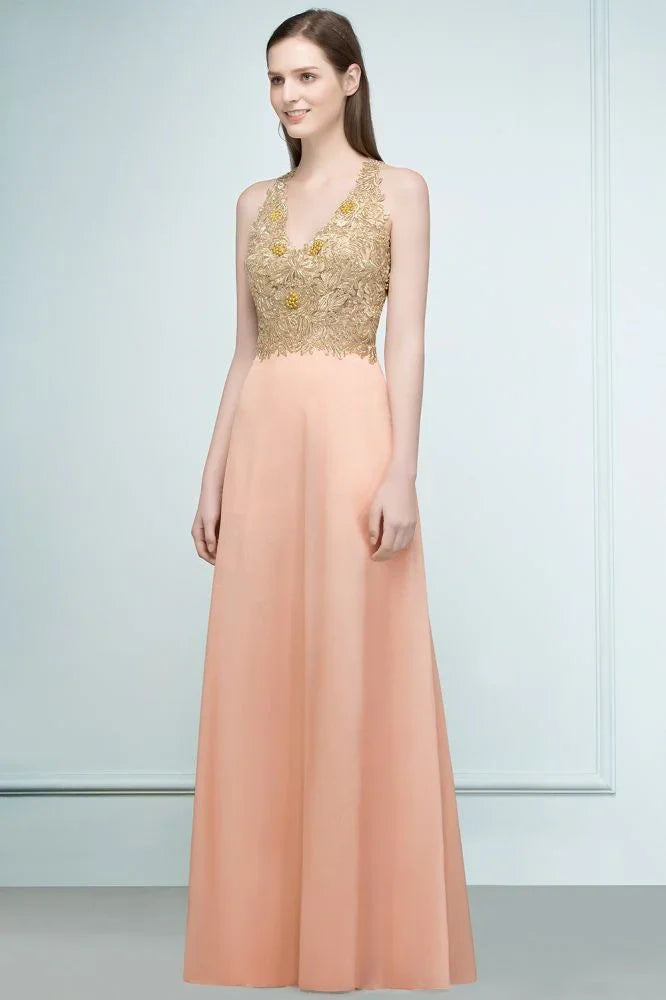 Spaghetti V-neck A-line Floor Length Appliqued Chiffon Bridesmaid Dresses
