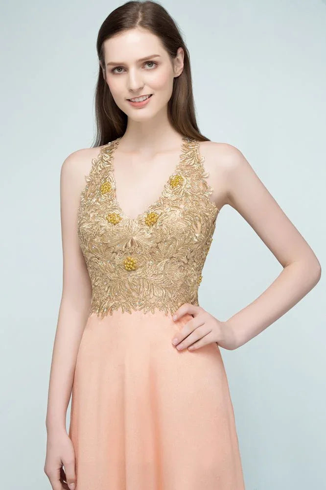 Spaghetti V-neck A-line Floor Length Appliqued Chiffon Bridesmaid Dresses