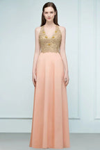 Spaghetti V-neck A-line Floor Length Appliqued Chiffon Bridesmaid Dresses