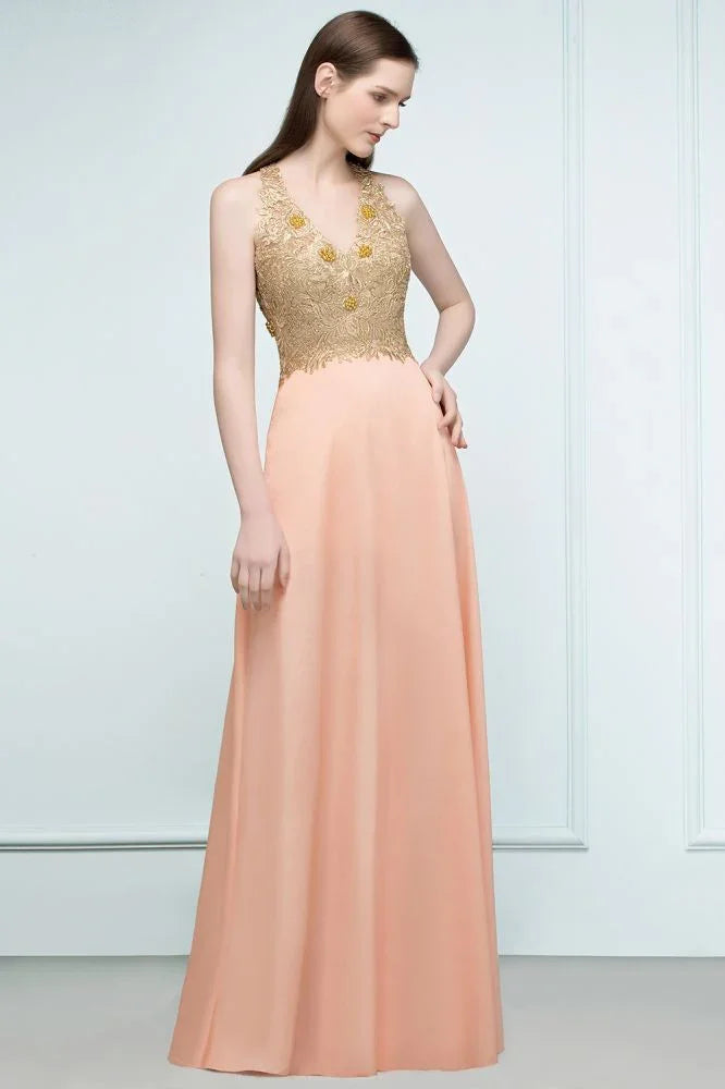 Spaghetti V-neck A-line Floor Length Appliqued Chiffon Bridesmaid Dresses