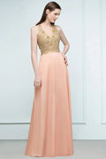 Spaghetti V-neck A-line Floor Length Appliqued Chiffon Bridesmaid Dresses