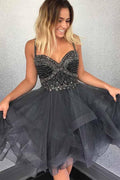 Sparkly Beads Short Grey Tulle Homecoming Dress With Beading