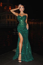 Sparkly Dark Green Spaghetti Straps Long Mermaid Prom Dresses Evening Gowns With Slit