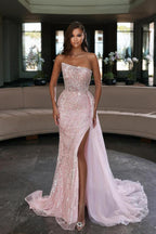 Sparkly Long Mermaid Strapless Tulle Sequins Prom Dress with Slit