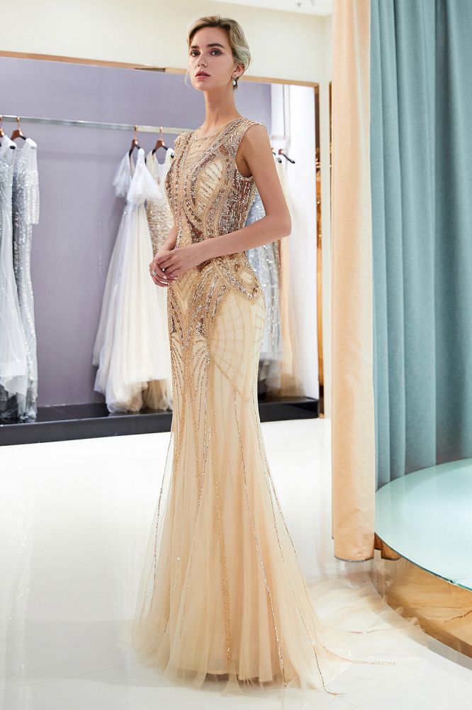 Sparkly Mermaid Sleeveless Golden Sequins Beading Formal Party Dress