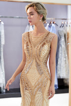 Sparkly Mermaid Sleeveless Golden Sequins Beading Formal Party Dress