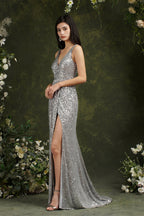 Sparkly Mermaid Wide Straps V-neck Sequins Bridesmaid/Prom Dress With Side Slit