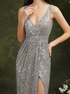 Sparkly Mermaid Wide Straps V-neck Sequins Bridesmaid/Prom Dress With Side Slit