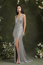 Sparkly Mermaid Wide Straps V-neck Sequins Bridesmaid/Prom Dress With Side Slit