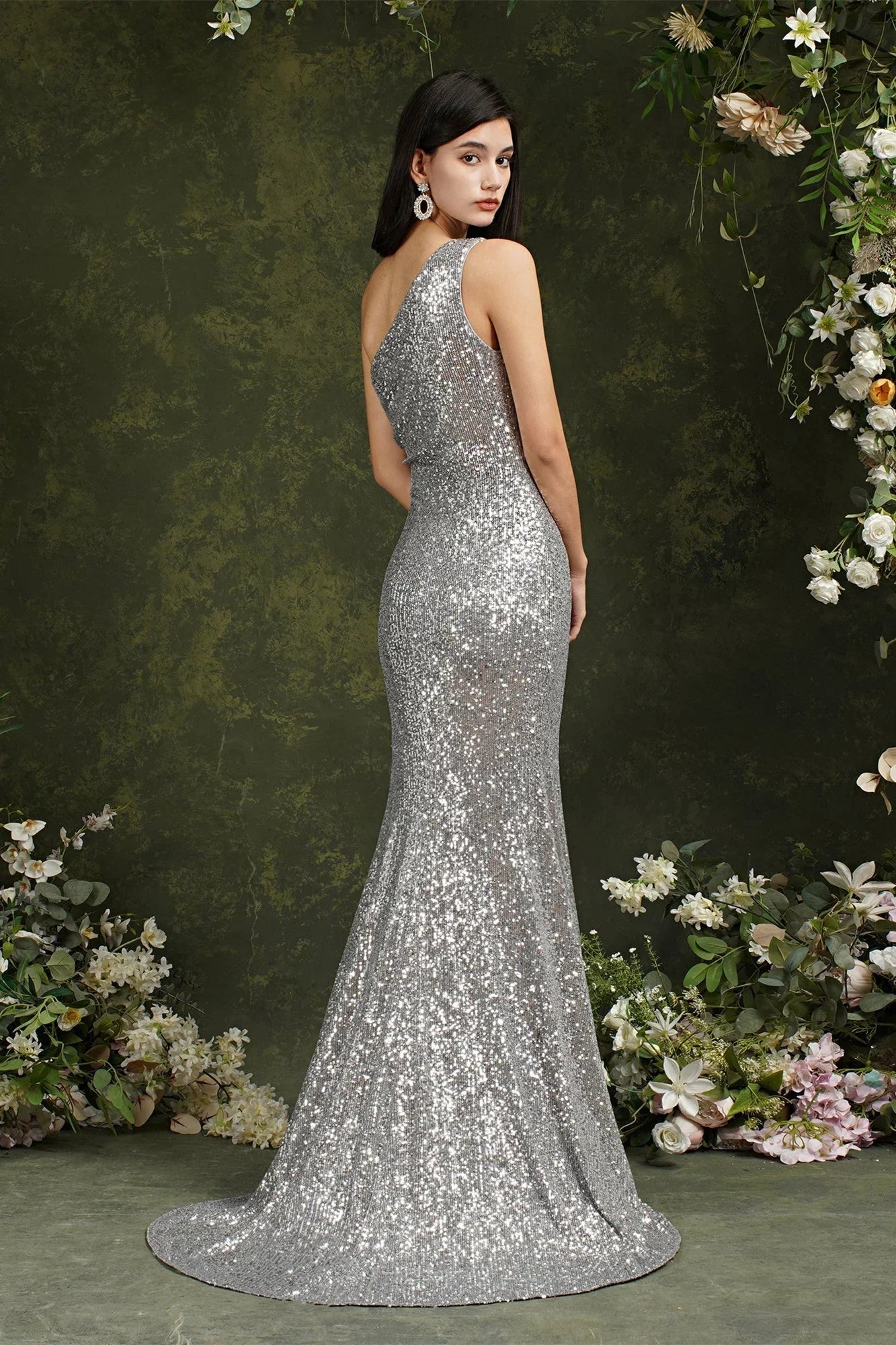 Sparkly One Shoulder Sequins Mermaid Floor-length Bridesmaid/Prom Dress With Side Slit