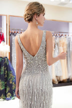 Sparkly V-Neck Tassels Mermaid Prom Dress Sequins Party Gown