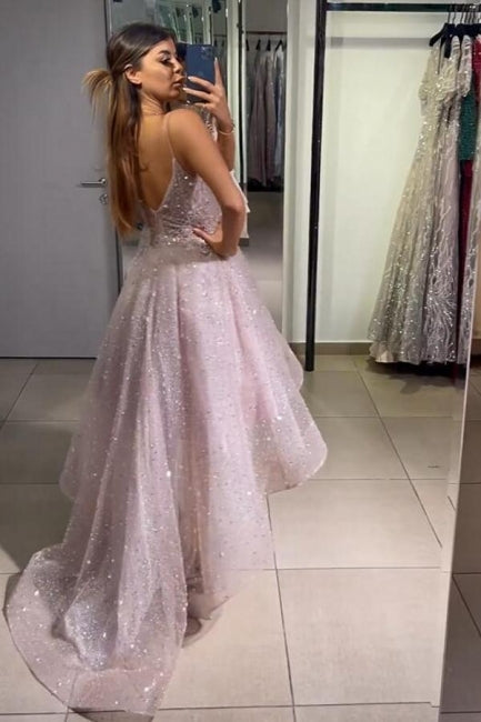 Sparkly Yellow Spaghetti Straps Hi-lo Cocktail Party Dresses Prom Gowns
