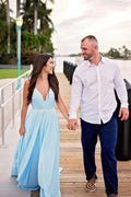 Split Sky Blue Rustic Wedding Dresses Beach Wedding Gown with Court Train