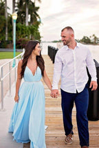 Split Sky Blue Rustic Wedding Dresses Beach Wedding Gown with Court Train