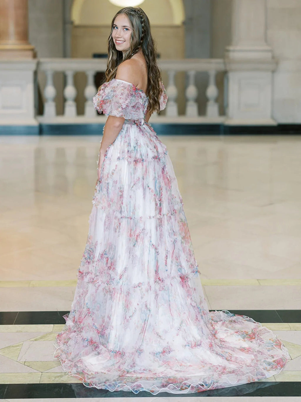 Sydney |A Line Off The Shoulder Floral Tulle Prom Dress