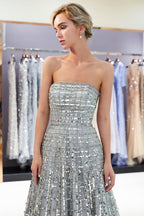 Strapless Sequined Chiffon Party Dress A-line Floor Length Prom Dress