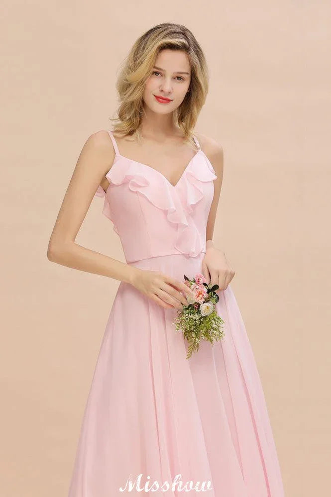 Straps Sweetheart Pink Bridesmaid Dress Backless Chiffon Evening Party Dress