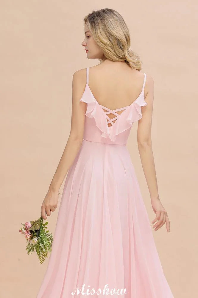 Straps Sweetheart Pink Bridesmaid Dress Backless Chiffon Evening Party Dress