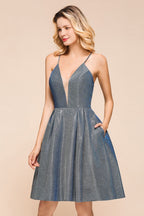 Stunning Double V-Neck Bright Silk Mini Party Dress Sleeveless Homecoming Dress
