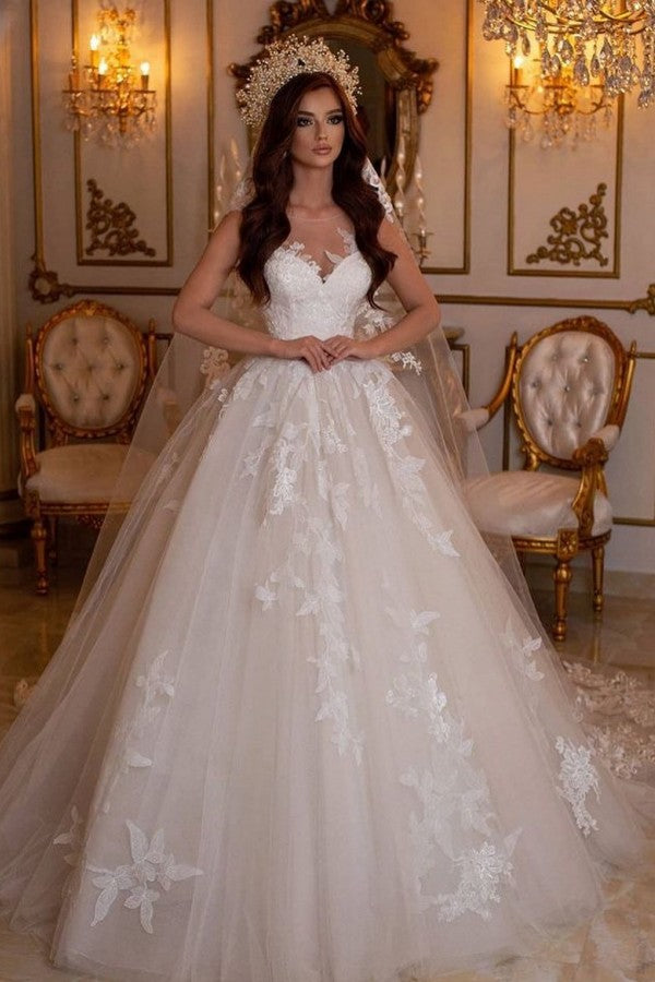 Stunning Long A-Line Bateau Tulle Wedding Dress With Appliques Lace