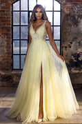 Stunning Long A-Line V-neck Appliques Lace Tulle Prom Dress With Slit