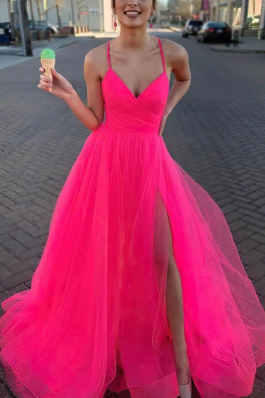 Stunning Long A-Line V-neck Spaghetti Straps Tulle Prom Dress With Slit