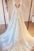 Stunning Long A-Line V-neck Tulle Floral Lace Wedding Dress