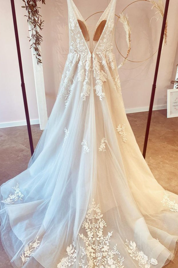Stunning Long A-Line V-neck Tulle Floral Lace Wedding Dress