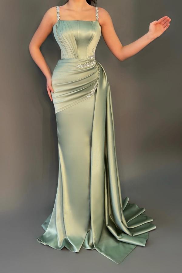 Stunning Long Mermaid Square Neck Satin Prom Dress with Side Sweep Train