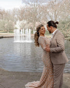 Stunning Long Mermaid V-neck Lace Front Slit Wedding Dress with Sleeves