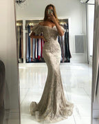 Stunning Long Off-the-shoulder Lace Mermaid Prom Dress with Puffy Sleeves