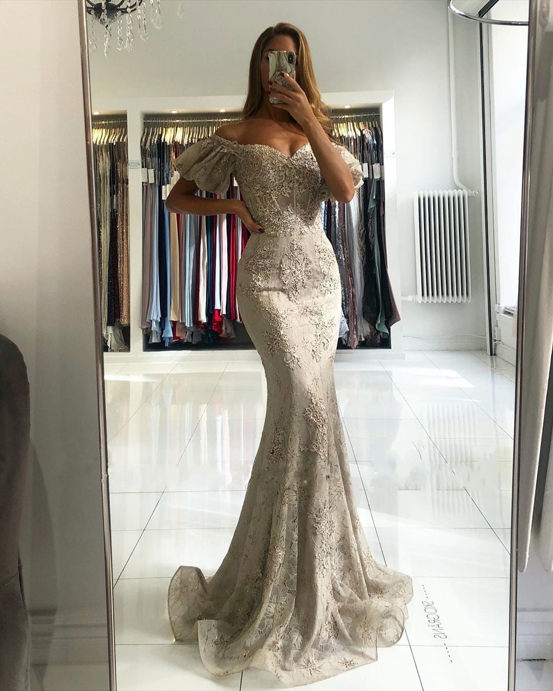 Stunning Long Off-the-shoulder Lace Mermaid Prom Dress with Puffy Sleeves