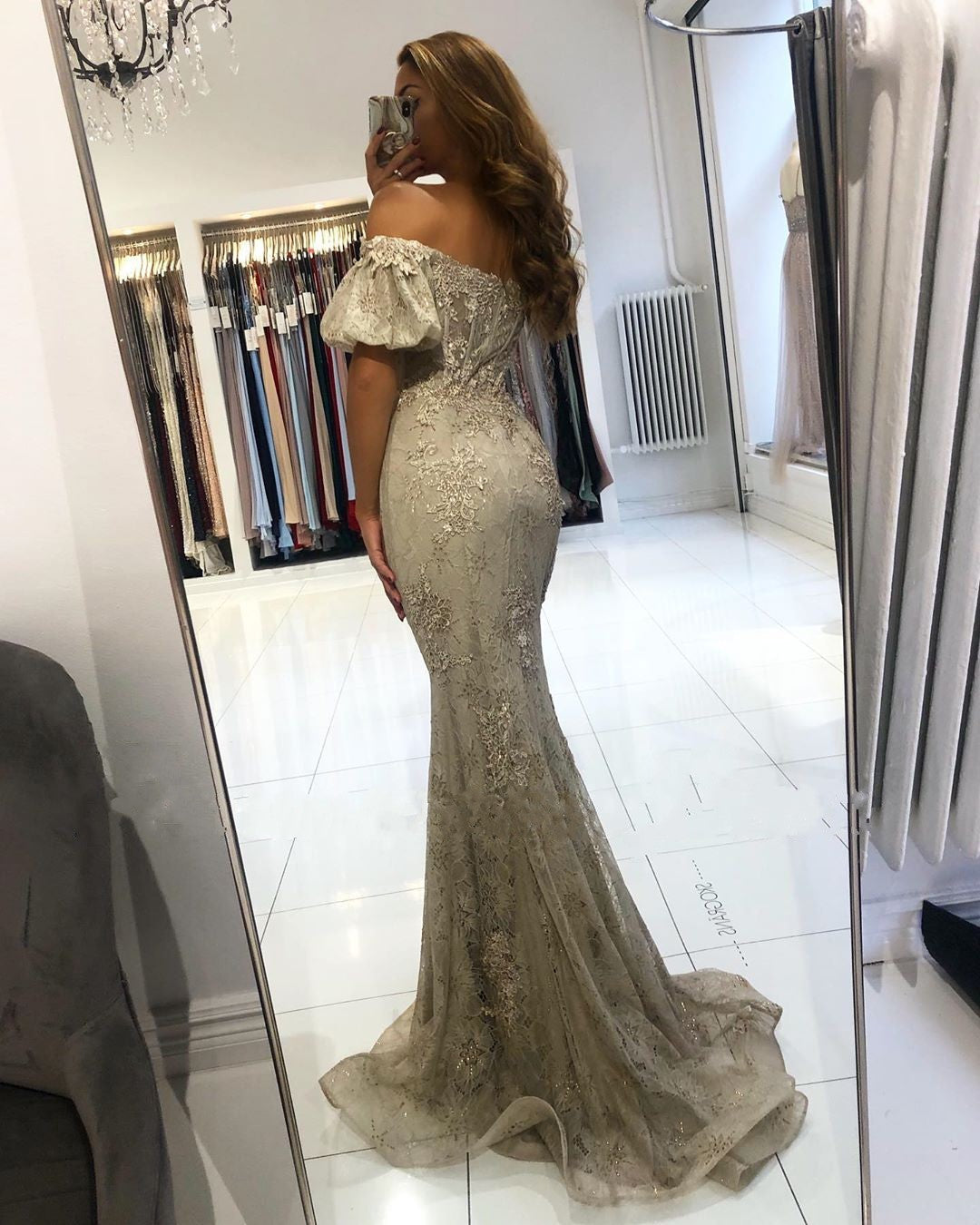 Stunning Long Off-the-shoulder Lace Mermaid Prom Dress with Puffy Sleeves