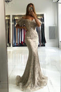 Stunning Long Off-the-shoulder Lace Mermaid Prom Dress with Puffy Sleeves