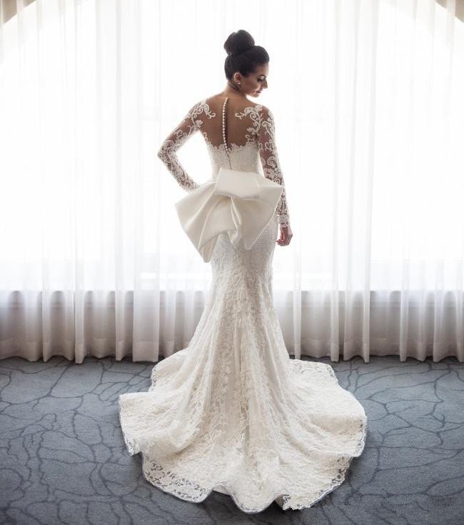 Stunning Mermaid Lace Bowknot Wedding Bride Dress Detachable Overskirt Sleeve Bridal Dress