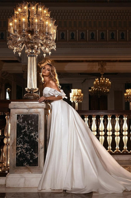 Stunning Off Shoulder White Floral Mermaid Slim Wedding Gowns Sweetheart Long Bridal Dress with Detachable Tail