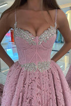 Stunning Pink Long A-line Sweetheart Beadings Lace Prom Dresses